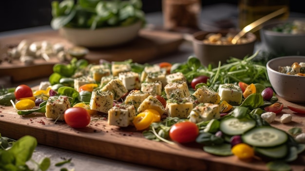 Formaggio con pomodori e verdure cibo vegetariano ai generativo