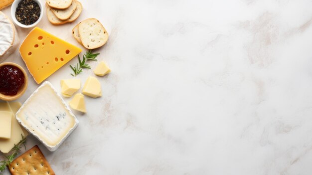 Formaggio e fette di pane di cracker di formaggio su sfondo di marmo foto in vista superiore con spazio di copia