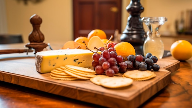 Formaggio e frutta su un tagliere di legno IA generativa