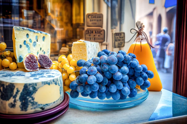 Formaggio italiano e uva sul bancone di un negozio di strada IA generativa IA generativa