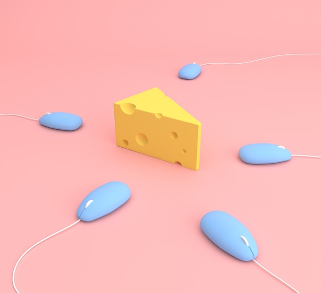 Formaggio tra con il mouse del computer, concetto minimo, rendering 3d.