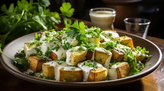 Formaggio tradizionale indiano paneer con prezzemolo e salsa cartolina del menu del ristorante