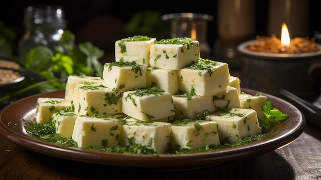 Formaggio tradizionale indiano paneer con prezzemolo e salsa cartolina del menu del ristorante