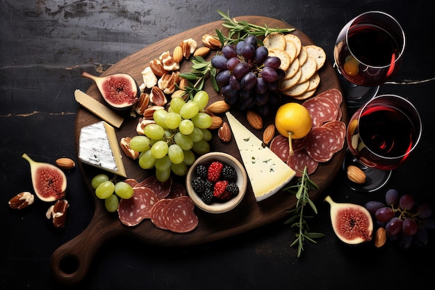 Formaggio, vino, fichi, pane, olive, prosciutto su tavola di legno, vista dall'alto