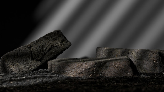 Formazione di rocce islandesi nere posizione del prodotto scena foto premium rendering 3d