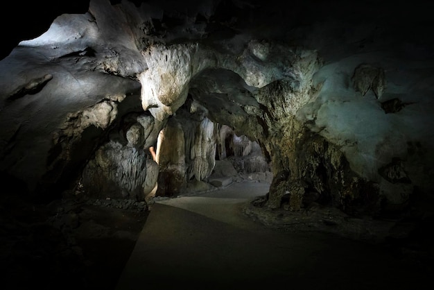 Formazioni calcaree nella grotta carsica dell'isola di Cat Ba Vietnam stalattiti e stalagmiti all'interno della grotta