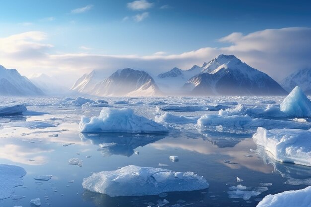 Formazioni di ghiaccio marino con montagne innevate sullo sfondo create con ai generativi