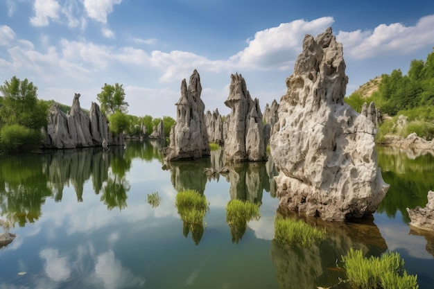 Formazioni rocciose naturali che sovrastano un tranquillo lago creato con l'IA generativa