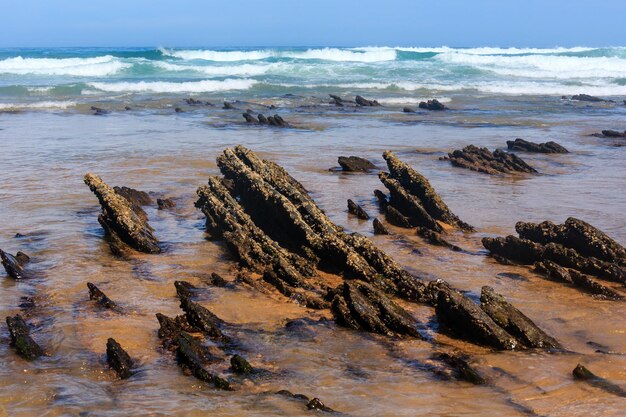 Formazioni rocciose sulla spiaggia sabbiosa Algarve Costa Vicentina Portogallo