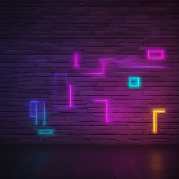Forme al neon su un mattone scuro con sfondo muro di mattoni illuminazione ultravioletta