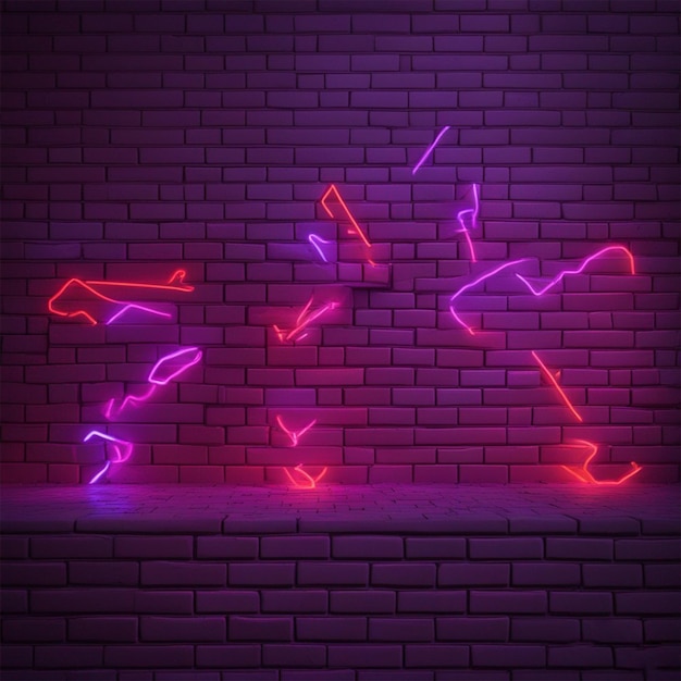 Forme al neon su un mattone scuro con sfondo muro di mattoni illuminazione ultravioletta