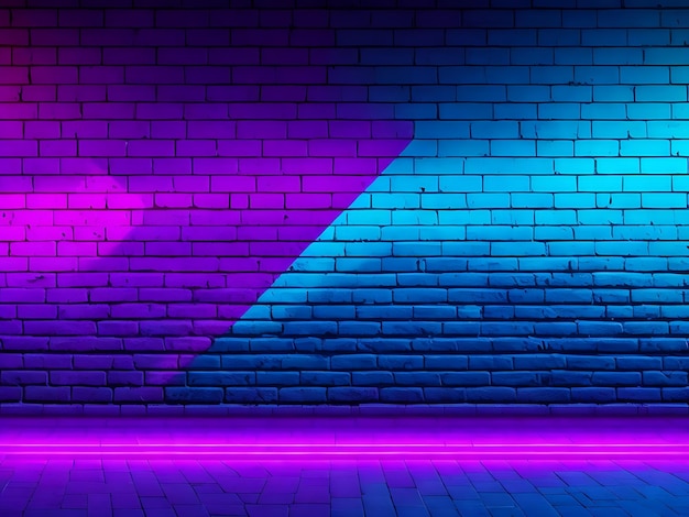 Forme al neon su un muro di mattoni scuri con illuminazione ultravioletta, pavimento in cemento, illustrazione 3d