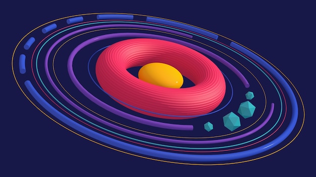 Forme circolari colorate luminose. Sfondo blu. Illustrazione astratta, rendering 3d.