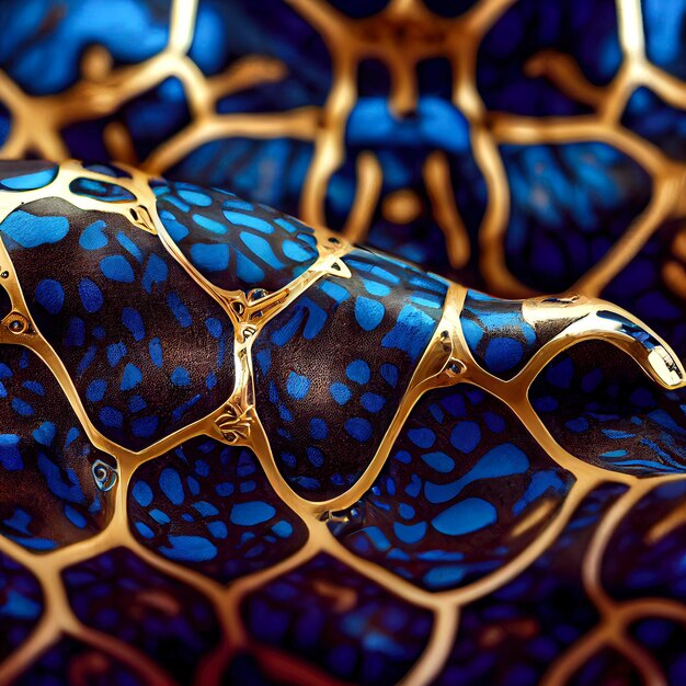 forme colorate a forma di scaglie di drago o tartaruga o animale fantastico, intrecciate con fili dorati, sfondo astratto creativo