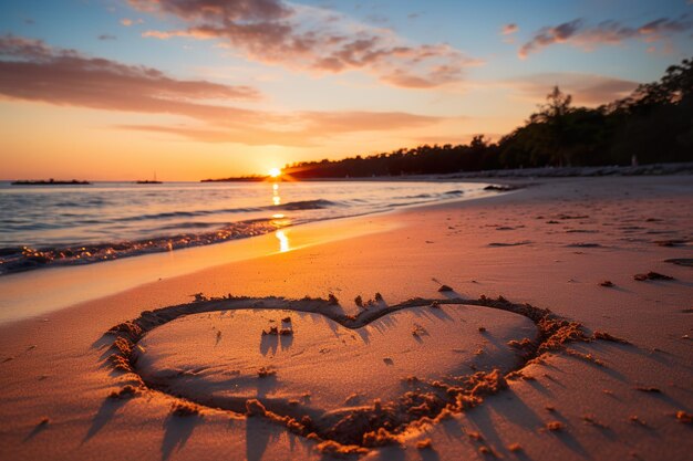 Forme di cuori nella sabbia sulla spiaggia della luce calda del tramonto