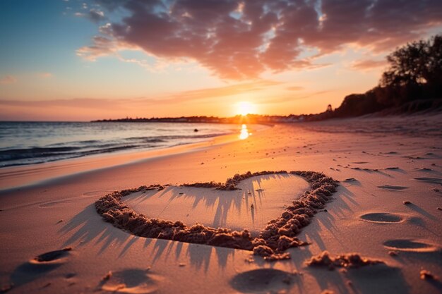 Forme di cuori nella sabbia sulla spiaggia della luce calda del tramonto