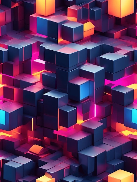 Forme geometriche 3D astratte blocchi cubici sfondo con luci al neon