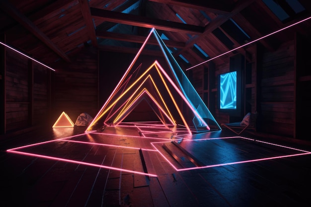Forme geometriche al neon luminose in una stanza buia create con AI generativa