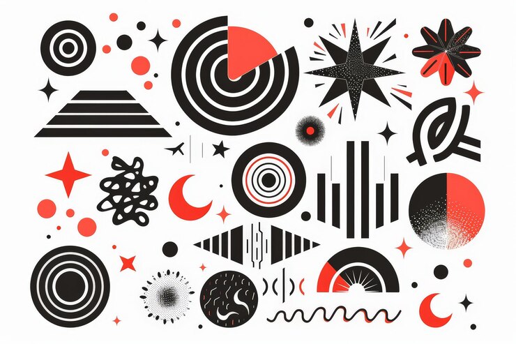 Foto forme geometriche brutaliste figure minimaliste astratte alla moda stelle fiori cerchi elementi di design grafico astratto moderno illustrazioni su uno sfondo bianco