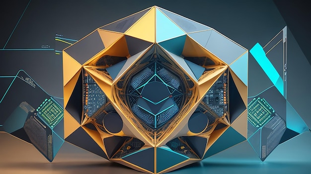 Forme geometriche collegate in una rete di computer futuristica