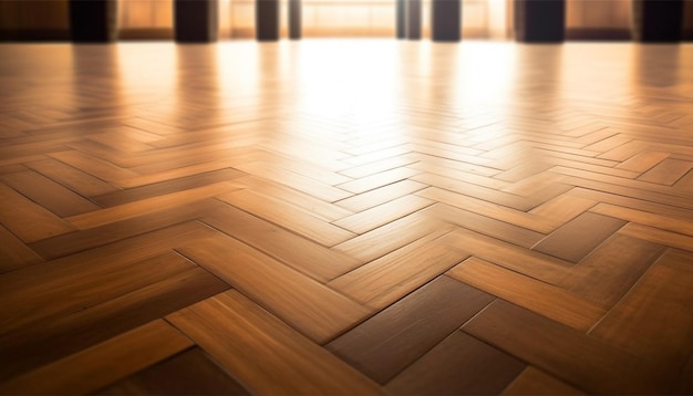 Forme geometriche in giallo brillante su pavimenti in parquet puliti generati dall'intelligenza artificiale