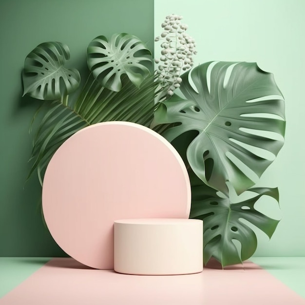 Forme geometriche minime Presentazione del prodotto Podio con piante tropicali su sfondo pastello AI generativo
