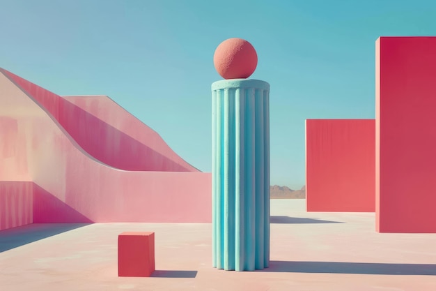 Forme geometriche rosa e blu in un paesaggio surreale
