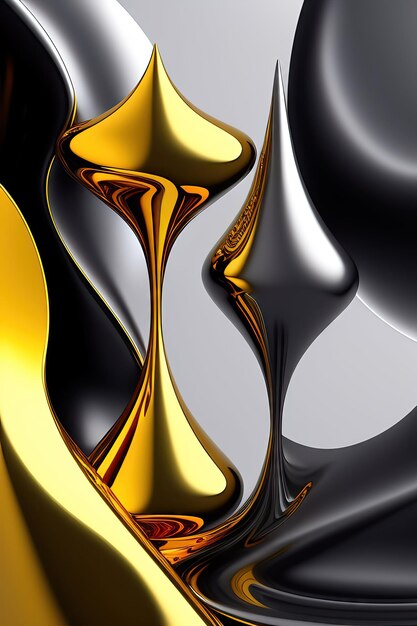 Forme metalliche liquide astratte di diversa forma e dimensione su sfondo grigio Grafica digitale