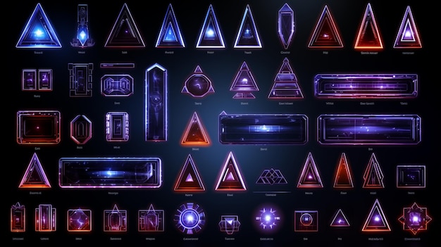 forme primitive geometriche astratte Set di elementi o icone in vetro al neon viola isolati