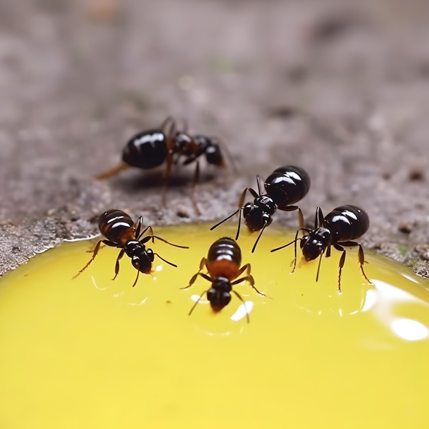 Formiche nere che mangiano gocce di miele Concetto di lavoro di squadra o laborioso o unità