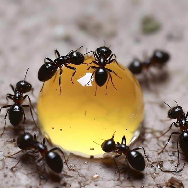 Formiche nere che mangiano gocce di miele Concetto di lavoro di squadra o laborioso o unità
