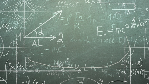 Formula matematica del primo piano ed elementi sulla lavagna, fondo della scuola. Illustrazione 3D elegante e di lusso del tema educativo