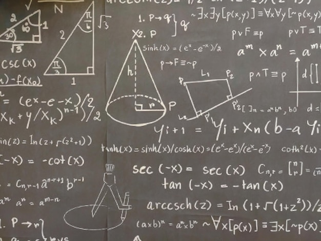 Formule matematiche e forme geometriche sono dipinte sulla lavagna della scuola in tutta la cornice