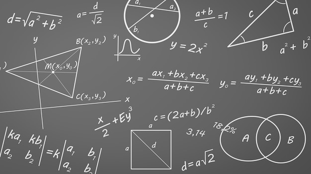 Formule matematiche, grafici e simboli sulla lavagna