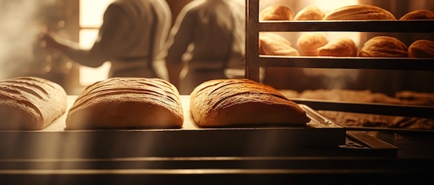 Fornai che cuociono pane e dolci freschi nella panetteria della città vecchia al mattino prodotti caldi appena sfornati sugli scaffali e nel forno piccola impresa locale e produzione alimentare Generative Ai