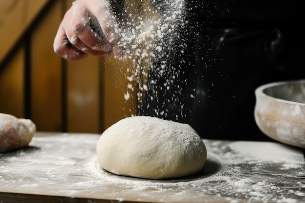 Fornaio artigianale che prepara la pasta con la farina