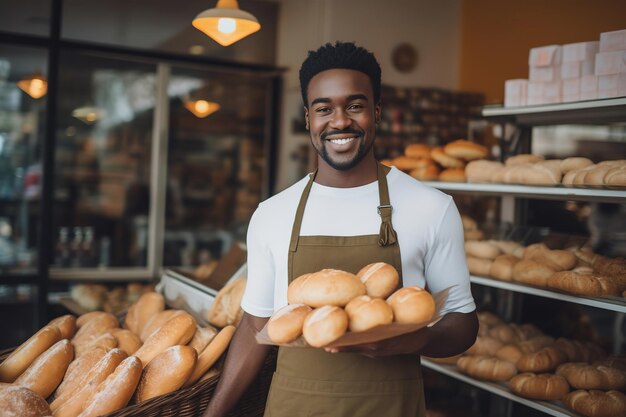 Fornaio che tiene il pane in scaffali di panetteria artigianale di pane sullo sfondo