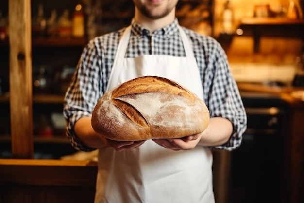 Fornaio esperto che tiene il pane scuro caldo panetteria fresca torta di grano fatta in casa uomo professionista cucina