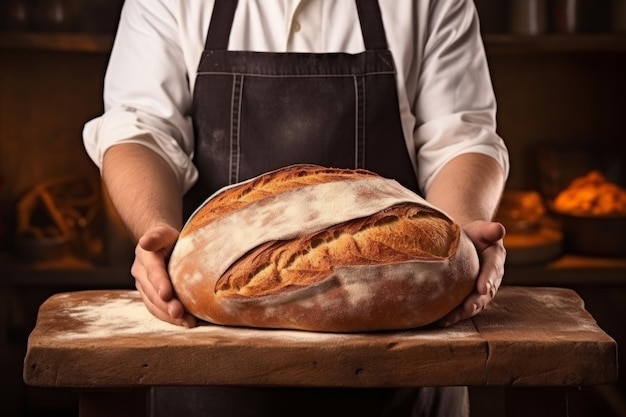 Fornaio esperto che tiene il pane scuro caldo panetteria fresca torta di grano fatta in casa uomo professionista cucina