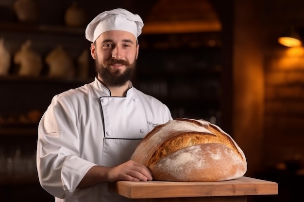 Fornaio esperto che tiene il pane scuro caldo panetteria fresca torta di grano fatta in casa uomo professionista cucina