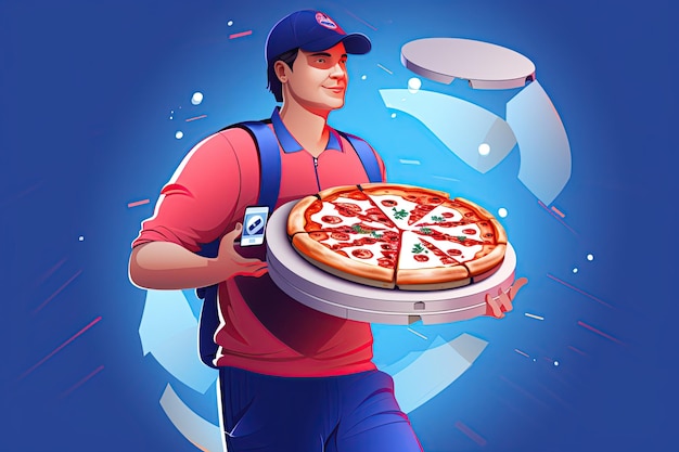 Fornitore di pizza in azione Mostra loro che tengono una scatola di pizza con il logo iconico pronto a soddisfare le voglie dei clienti Generato con AI