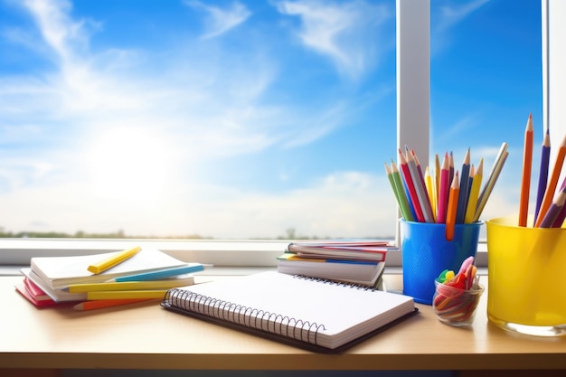 Forniture scolastiche sulla scrivania con vista sulla finestra e sul cielo blu creato con l'IA generativa