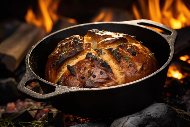 Forno olandese in ghisa con pane artigianale all'interno