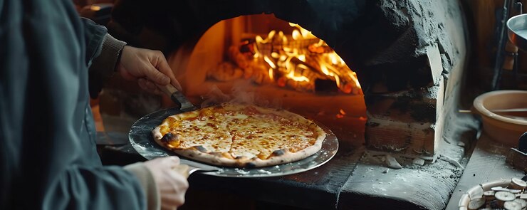 Foto forno per pizza con un forno per pizza sullo sfondo