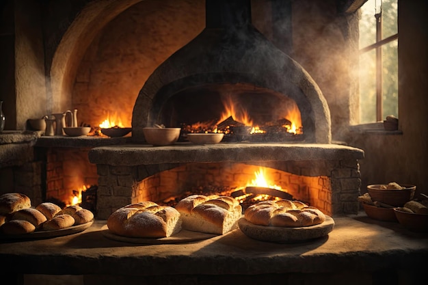 forno tradizionale in pietra con cottura del pane su un focolare ai generativo