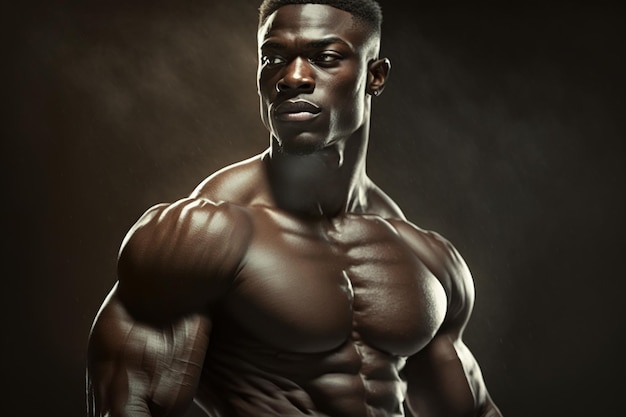 Forte atleta nero uomo muscoloso Culturista afroamericano Atletico torso maschile ritratto alla vita Generativo ai