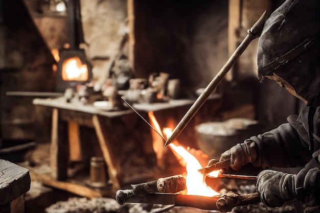 Forte fabbro che lavora il metallo sull'incudine e lavora con il fuoco