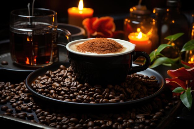 Forte tazza di caffè aromatica con schiuma tra i chicchi di caffè tostati accanto a un caffe generativo IA