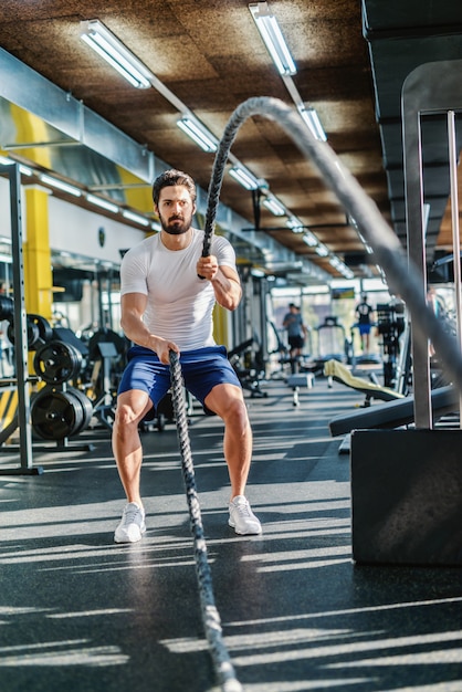 Forte uomo caucasico serio barbuto facendo esercizi con corde di combattimento. Interno della palestra.