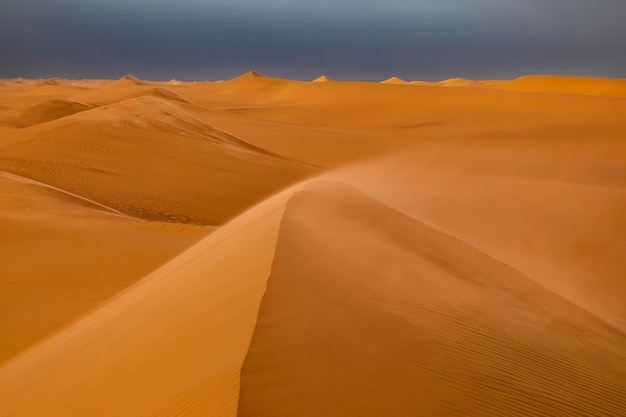 Forte vento al tramonto sulle dune di sabbia nel deserto Tempesta di sabbia nel deserto del Sahara